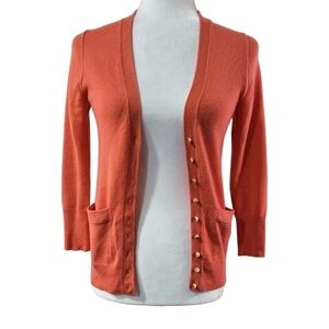 J. Crew 100% Cashmere Italian Yarn Orange Pink Coral Salmon 3/4 Sleeve Cardigan